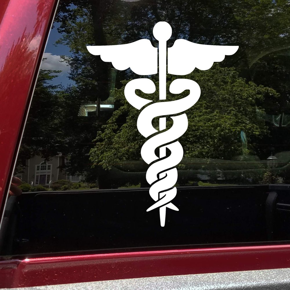 White - Caduceus Symbol Vinyl Decal - Medical Logo Medicine ER Nurse EMT - Die Cut Sticker - 16w x 20h inches
