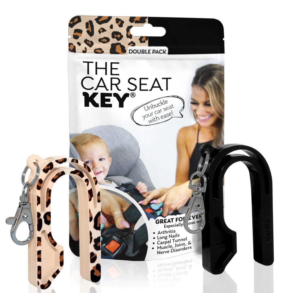 The Car Seat Key - Original Car Seat Key Chain Buckle Release Tool - Easy Unbuckle Opener Aid for Nails, Parents, Grandparents & Older Children by NAMRA Made in USA (2 Pack, Leopard & Black)