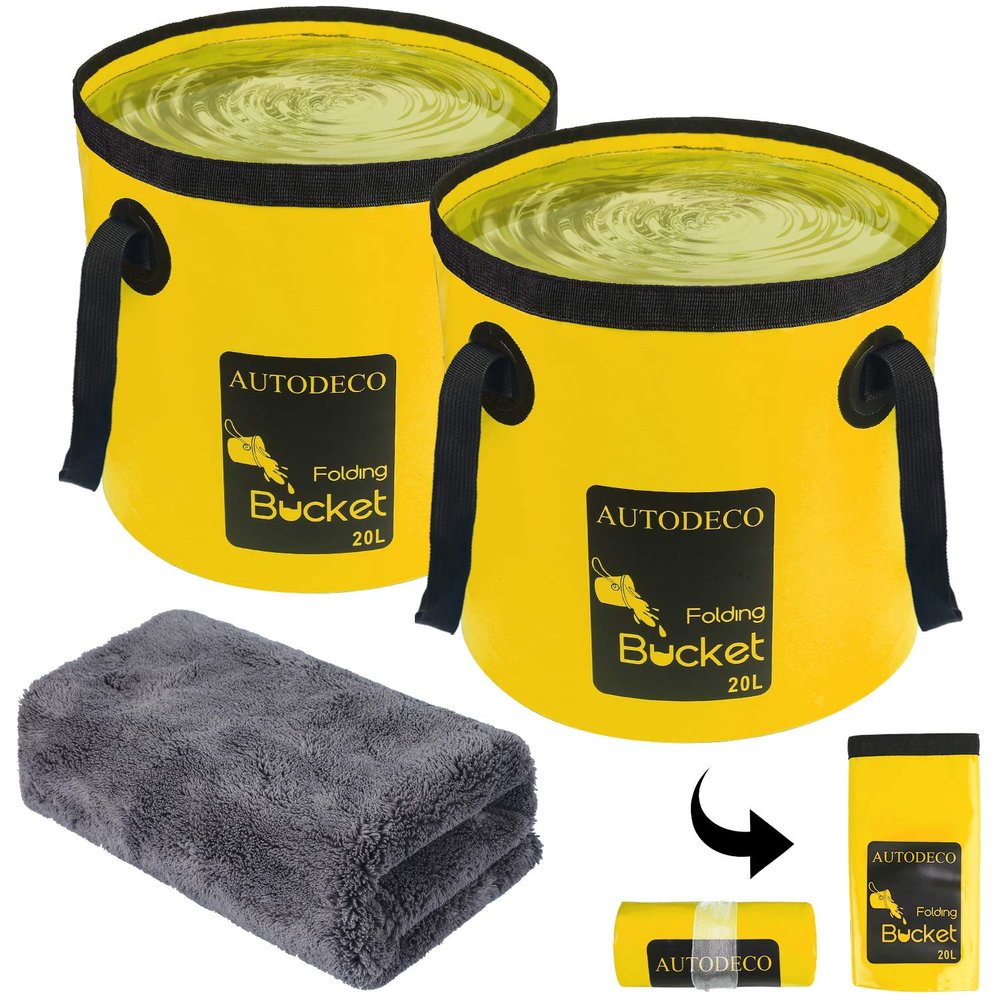 AUTODECO 2 Pack Collapsible Bucket 5 Gallon Container Folding Water Bucket Portable Wash Basin for Outdoor Travelling Camping Fishing Gardening Car Washing Yellow 20L