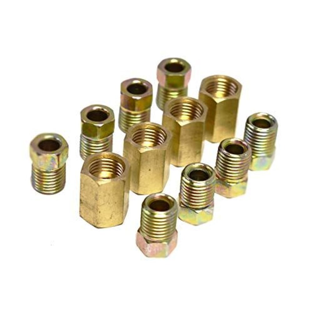 A-Team Performance Brake Line Fittings Assortment Kit - Brass Fittings & Auto Flaring Nuts - 3/8"-24 Threads & Female Brake Line Union - Coupler, Joiner & Coupling Hardware Kit - Pack of 12 Copper