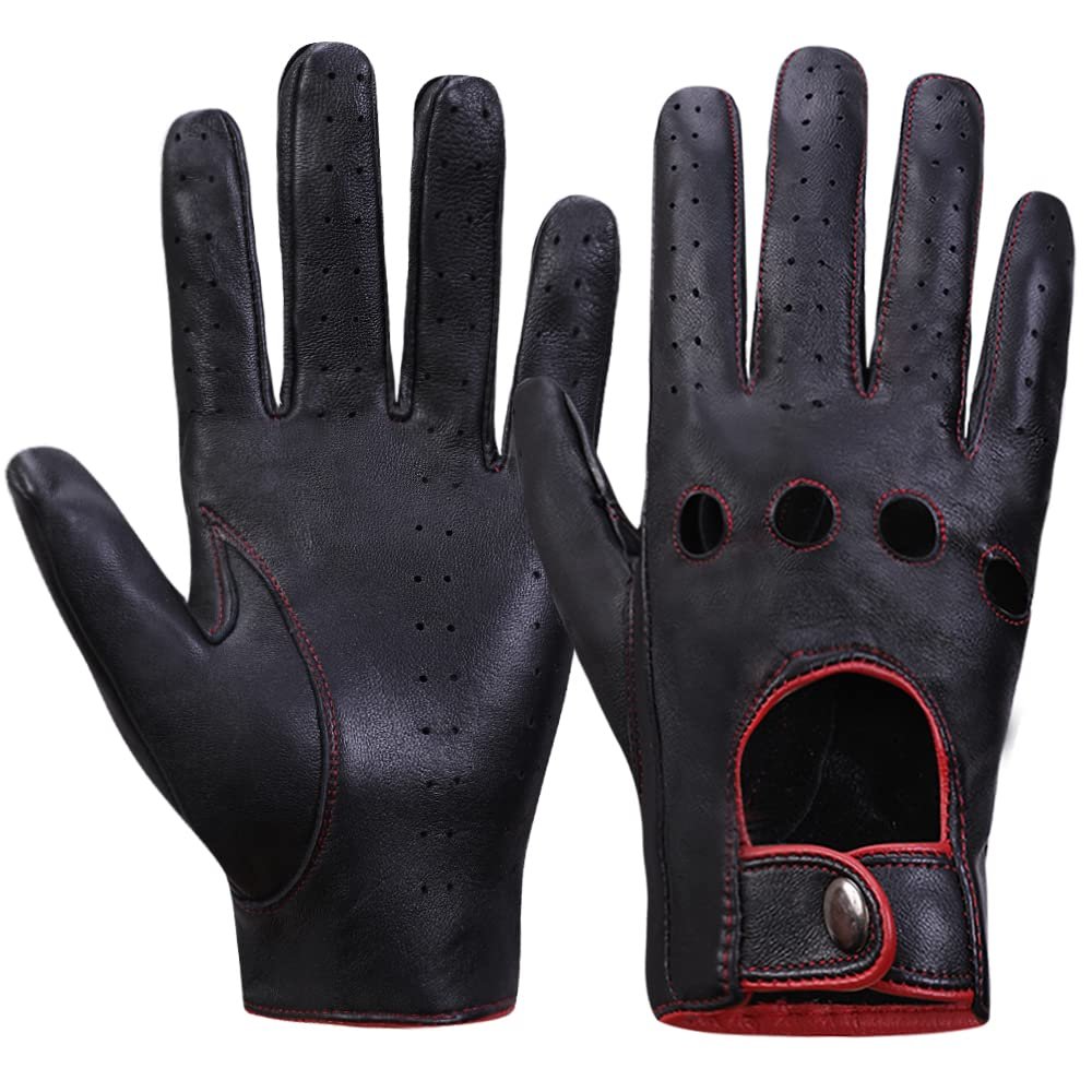 MGGMOKAY Mens Leather Driving Gloves Touchscreen Unlined, BlackRed, Medium
