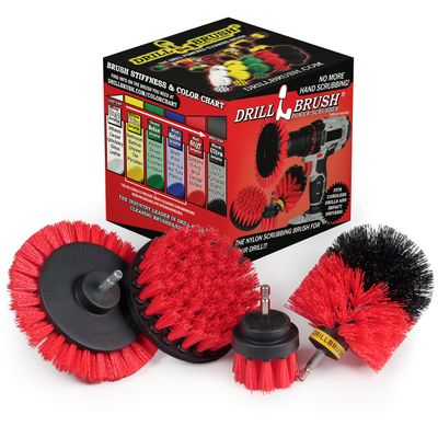 Red Stiff Nylon Bristle Brush Set for Outdoor Cleaning - Versatile Crevice Tool for Garage, Deck, House Siding, Concrete, Brick, Stone, Masonry, Vinyl Siding, Wood, and Patio Cleaner - Gutter Brush