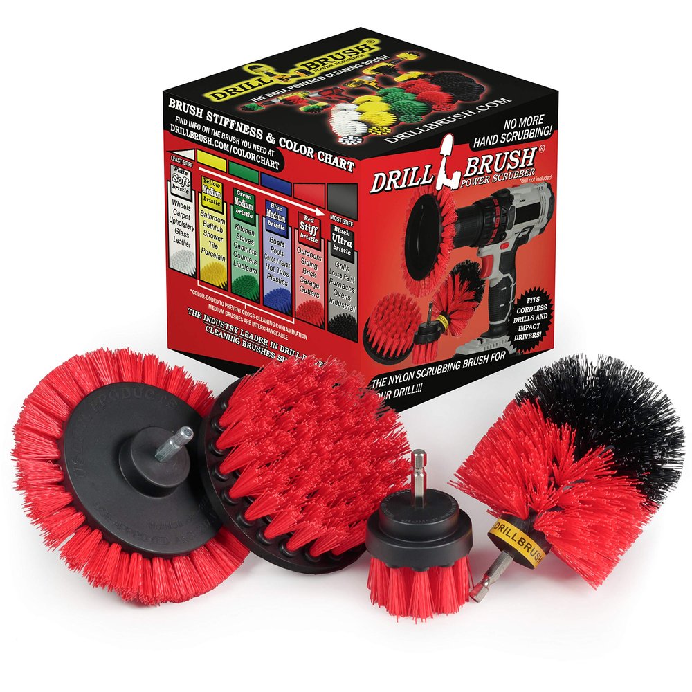 Red Stiff Nylon Bristle Brush Set for Outdoor Cleaning - Versatile Crevice Tool for Garage, Deck, House Siding, Concrete, Brick, Stone, Masonry, Vinyl Siding, Wood, and Patio Cleaner - Gutter Brush