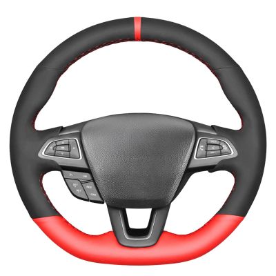 MEWANT Sew DIY Suede and Red Leather Steering Wheel Cover for Ford Focus (ST | RS) 2015-2018/ Focus ST RS Steering Wheel Cover