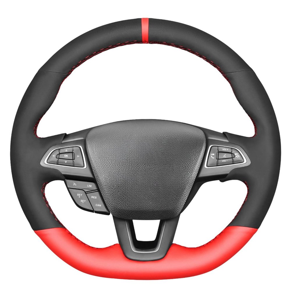 MEWANT Sew DIY Suede and Red Leather Steering Wheel Cover for Ford Focus (ST | RS) 2015-2018/ Focus ST RS Steering Wheel Cover