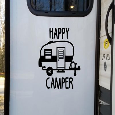 Burgundy - Happy Camper Vinyl Decal - Camping Travel RV - Die Cut Decal - 15w x 16.5h inches