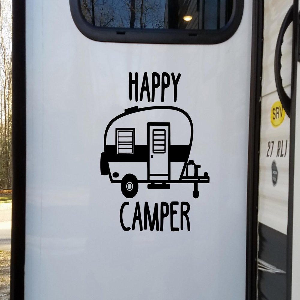 Burgundy - Happy Camper Vinyl Decal - Camping Travel RV - Die Cut Decal - 15w x 16.5h inches