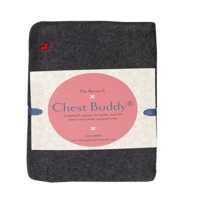 The Breast & Chest Buddy Seatbelt Cushion for Open Heart Surgery and Chest Reconstruction Sites- Charcoal with Small Red Heart