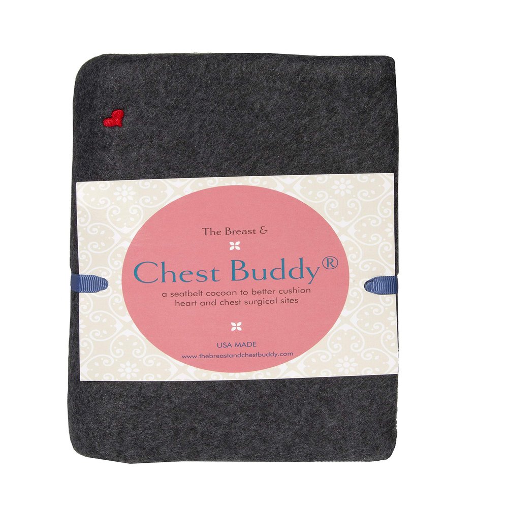 The Breast & Chest Buddy Seatbelt Cushion for Open Heart Surgery and Chest Reconstruction Sites- Charcoal with Small Red Heart