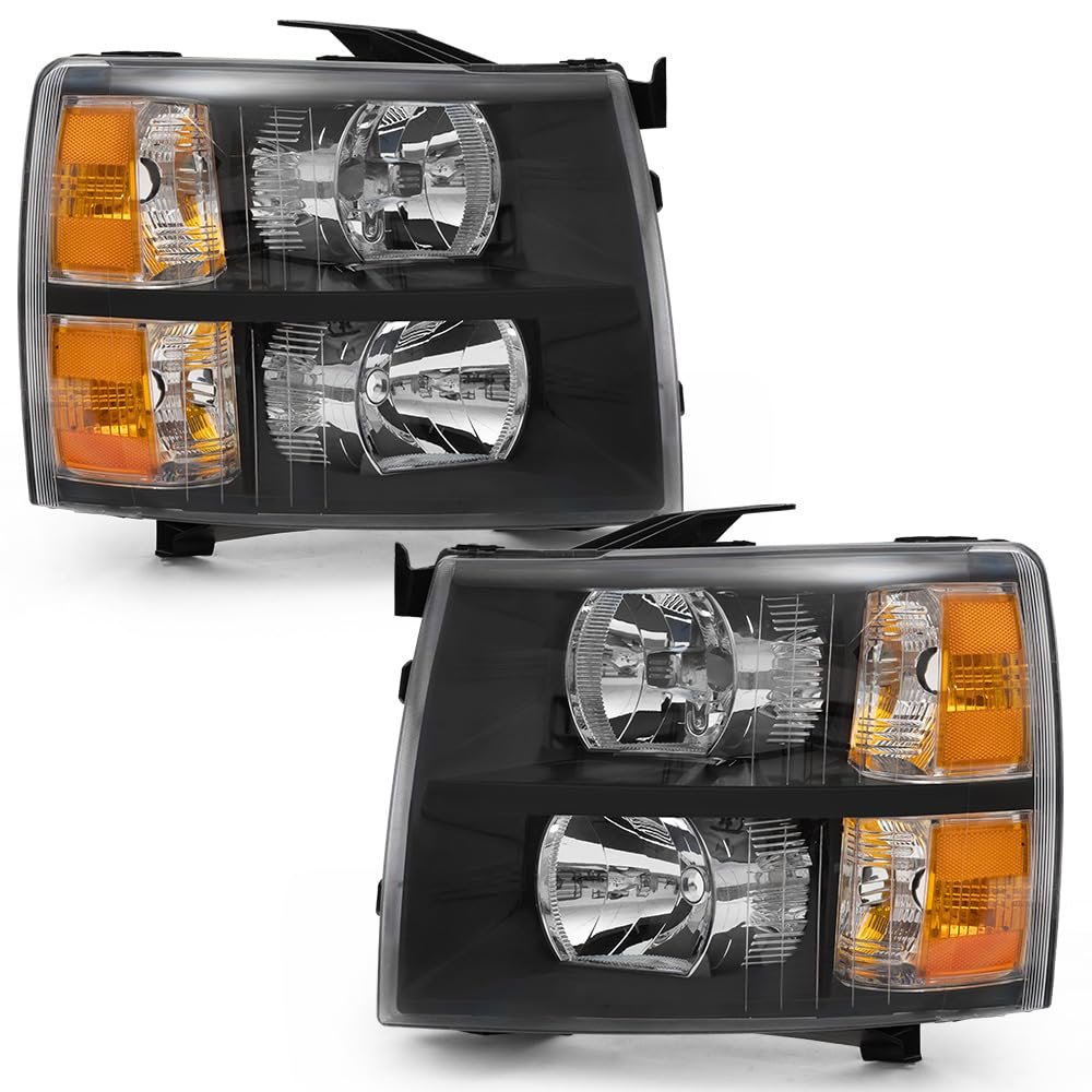 CNNELL Headlights Assembly Compatible with 2007 2008 2009 2010 2011 2012 2013 2014 Chevy Silverado Headlight Replacement Lamp(Clear lens Black Housing Amber Reflector)