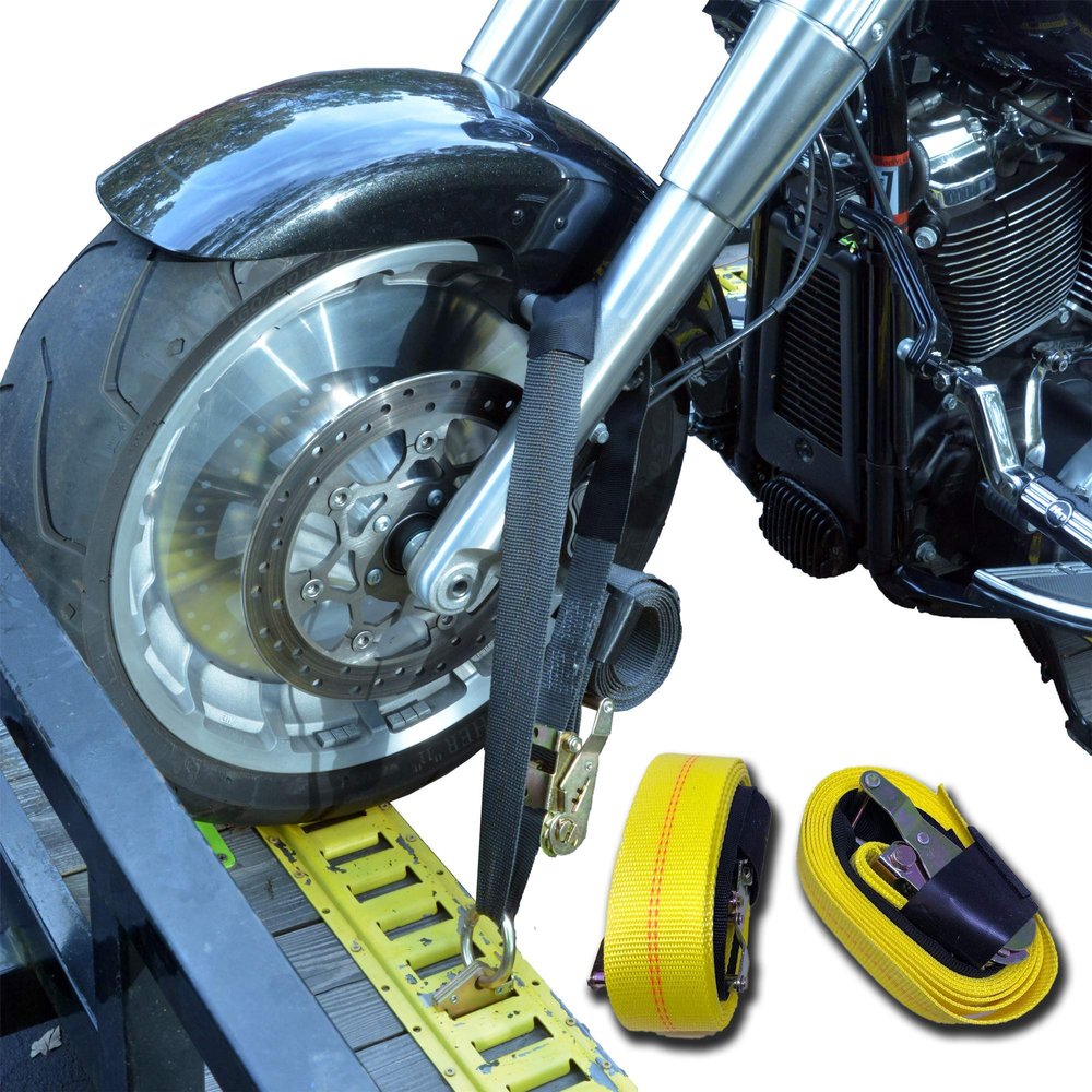 Motorcycle Tie Down Straps (2 Pack) - 10k lb Web Break Strength 2'' x 10' Super Heavy Duty Endless Tie Downs with Cordura & Ratchet Strap (Yellow)