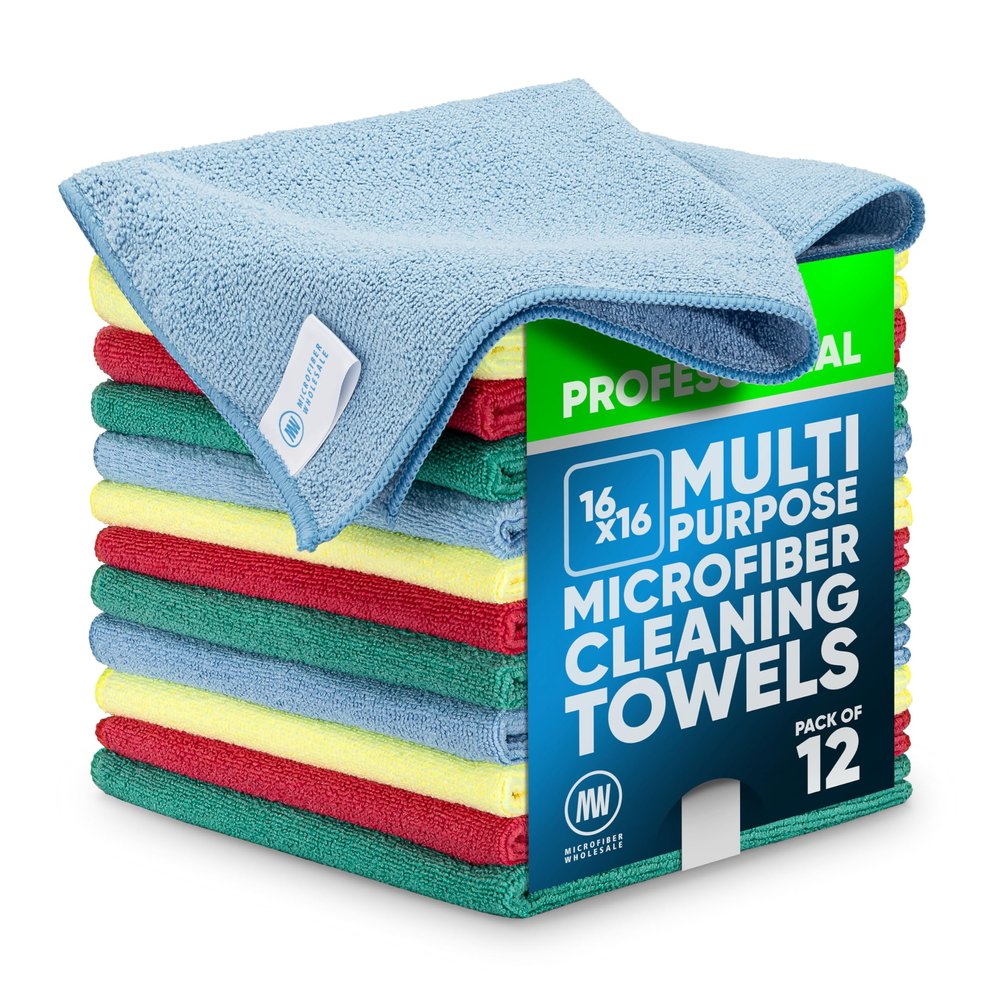 MW Pro Microfiber Cleaning Cloth | Blue Green Red Yellow | 12 Pack | 16 x 16 | All Purpose Microfiber Towels - Clean, Dust, Polish, Scrub, Absorbent
