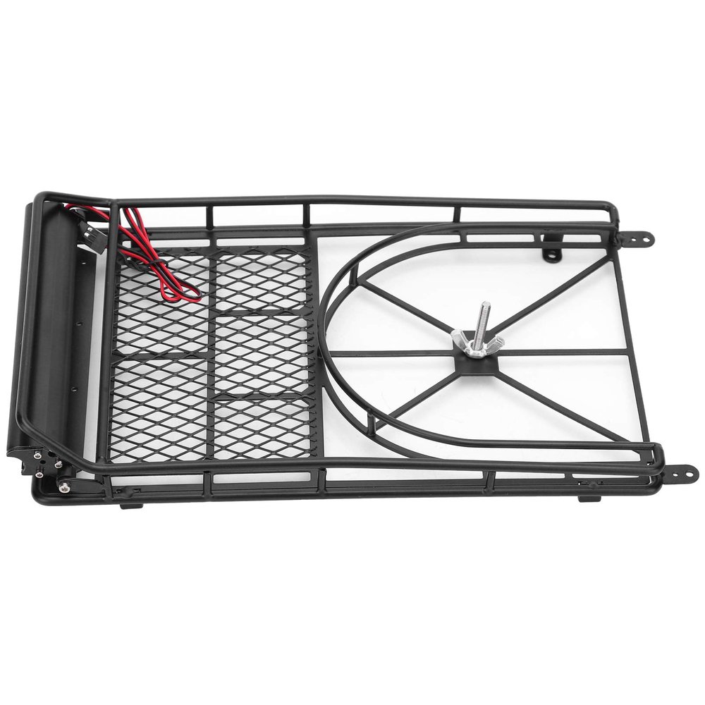 RC Roof Rack, Durable Metal with Spare Tire Mount and 10 LED Light Bars, 1/10 Scale RC Crawler Accessory for Off-Road Trail Exploration and Competition Crawling