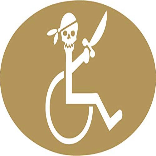 Decaltor Gold Handicap Pirate in Wheelchair Funny Sticker 5" X 3" Vinyl Decal -Funny Laptop, Phone, Tablet Vinyl Decal Sticker,Bumper Sticker