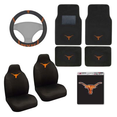 AAC FANMATS NCAA Carpet Floor Mats Bundle with Seat Covers, 3D Decal Sticker and Steering Wheel Cover for Texas Longhorns Fans Officially Licensed(8 Items)