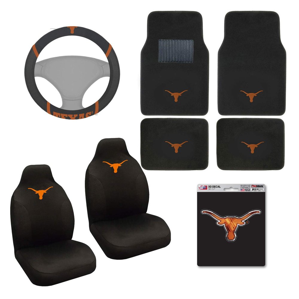AAC FANMATS NCAA Carpet Floor Mats Bundle with Seat Covers, 3D Decal Sticker and Steering Wheel Cover for Texas Longhorns Fans Officially Licensed(8 Items)
