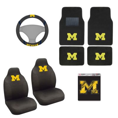AAC FANMATS NCAA Carpet Floor Mats Bundle with Seat Covers, 3D Decal Sticker and Steering Wheel Cover for Michigan Wolverines Fans Officially Licensed(8 Items)
