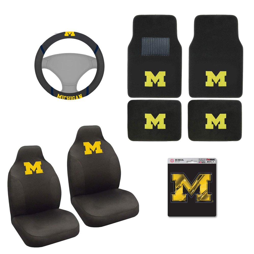 AAC FANMATS NCAA Carpet Floor Mats Bundle with Seat Covers, 3D Decal Sticker and Steering Wheel Cover for Michigan Wolverines Fans Officially Licensed(8 Items)