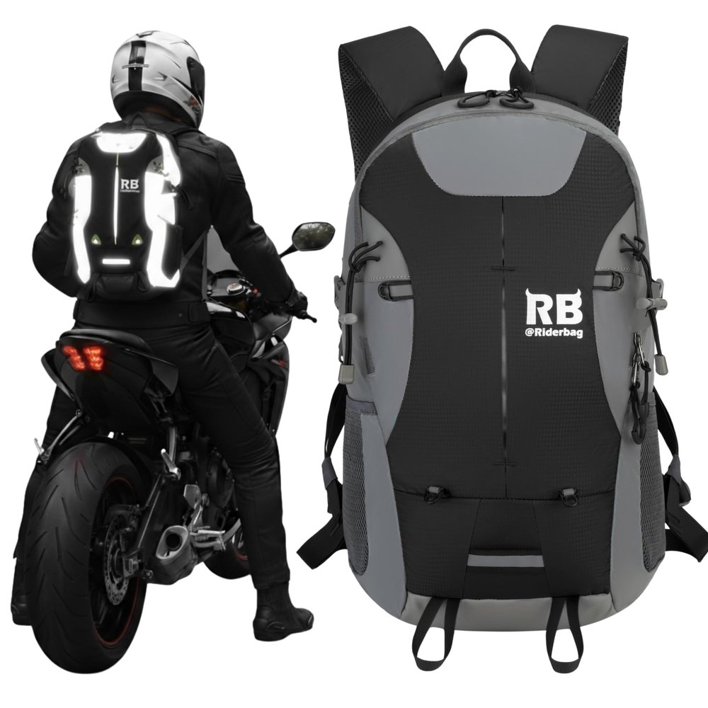 Reflective Motorcycle Backpack Hi Viz EDC Commuter Bag for Riders, Night Travel, and Daily Use with Helmet Holder, Laptop Compartment, Ventilated Back, Urban Gear (black backpack)