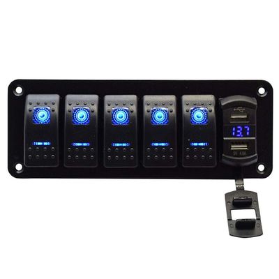 5 Gang Rocker Switch Aluminum Panel with 4.8 Amps Dual USB Rocker Style Fast Charger with Voltmeter Blue Backlit Led Pre-Wired for Marine Boat RV Truck (Blue)