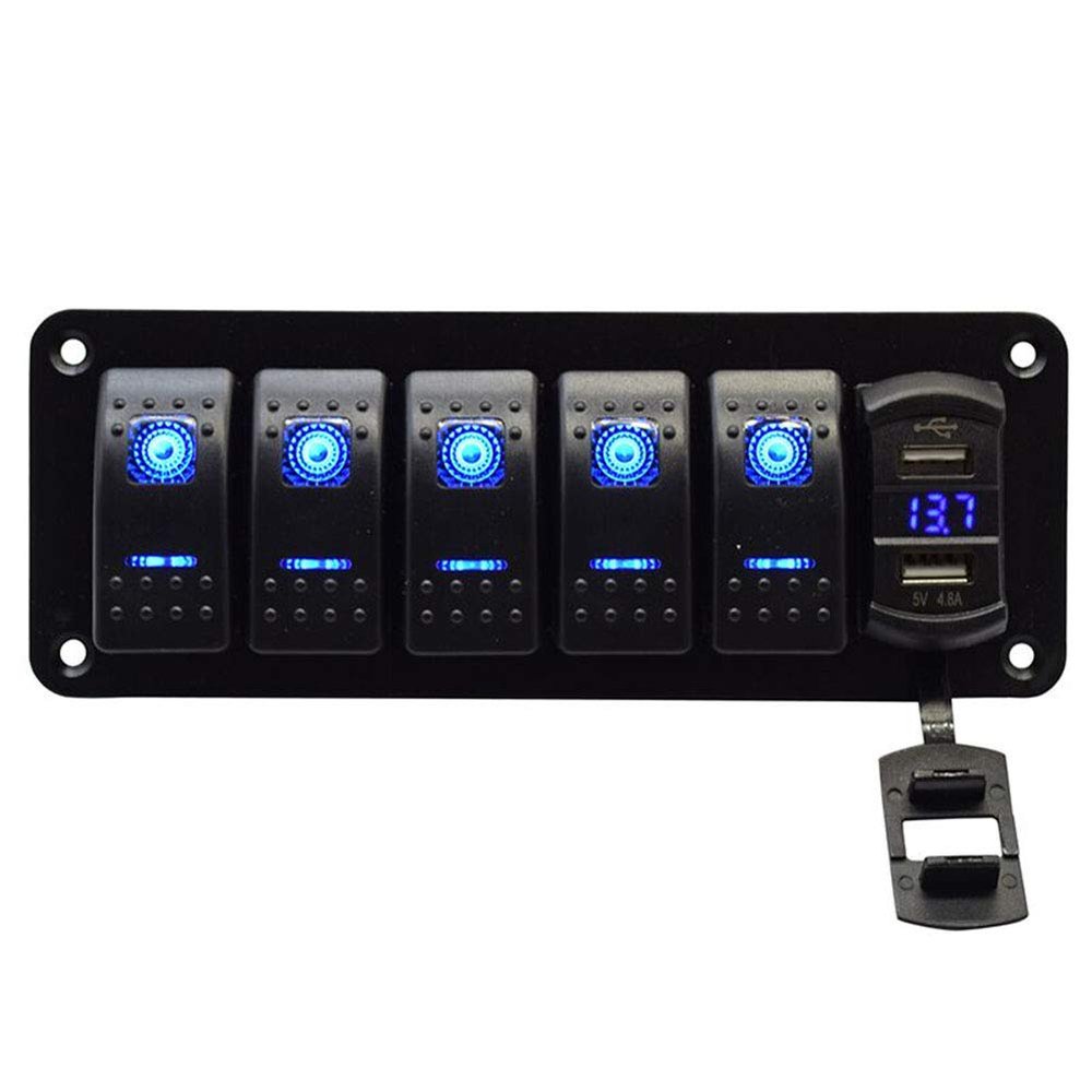 5 Gang Rocker Switch Aluminum Panel with 4.8 Amps Dual USB Rocker Style Fast Charger with Voltmeter Blue Backlit Led Pre-Wired for Marine Boat RV Truck (Blue)
