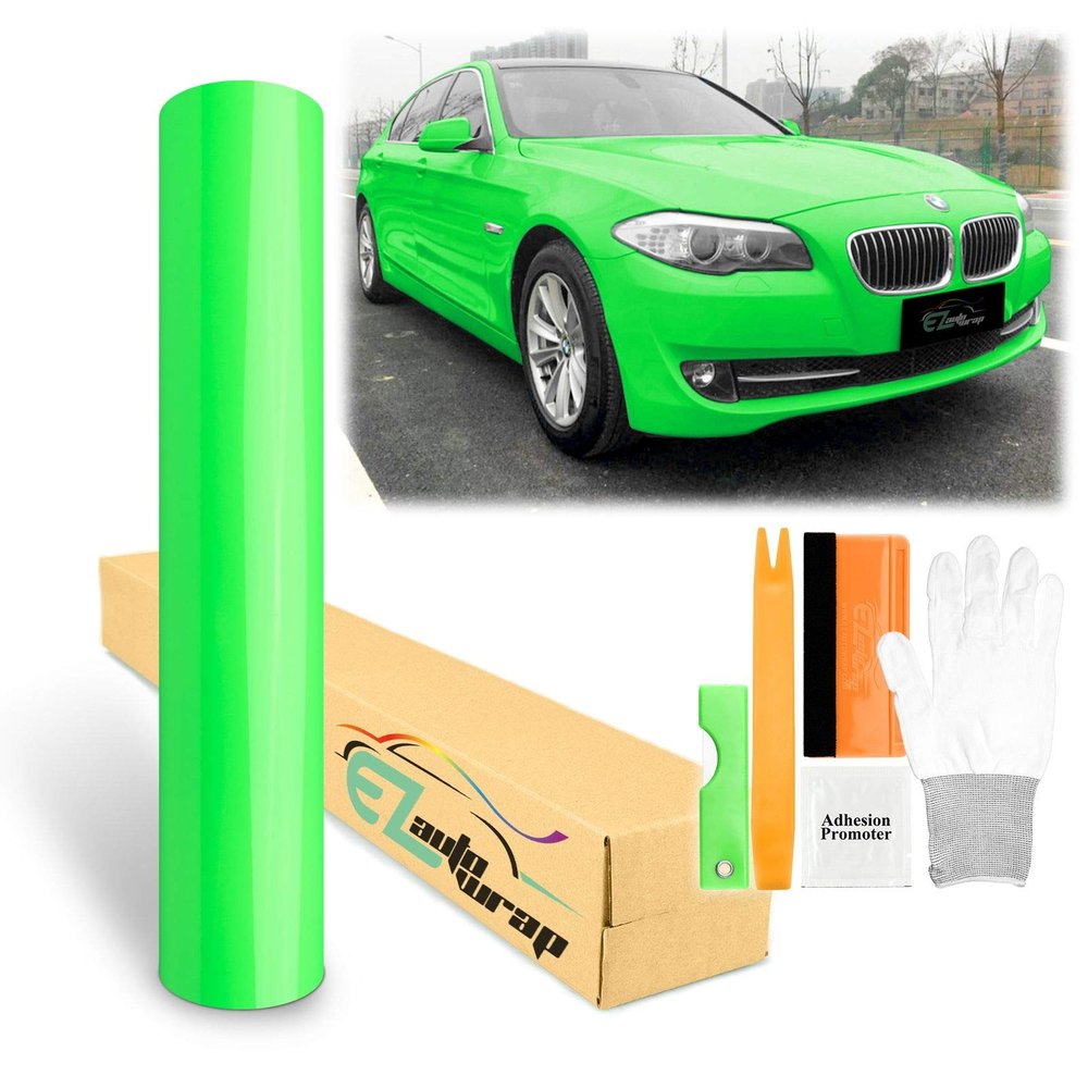 60"x600" (5FTx50FT) Neon Green Gloss Fluorescent Vinyl Wrap Sticker DIY Decal Film Sheet Auto Car Vehicle Motocycle Air Release Bubble Free Self Adhesive Peel and Stick Free Tool Kit