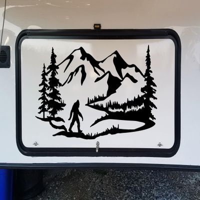 Minglewood Trading Turquoise | Bigfoot Mountain Trees Scene Vinyl Decal V5 | Camper RV Travel Trailer Graphics 4x4 | Die Cut Sticker | 15w x 7.5h inches
