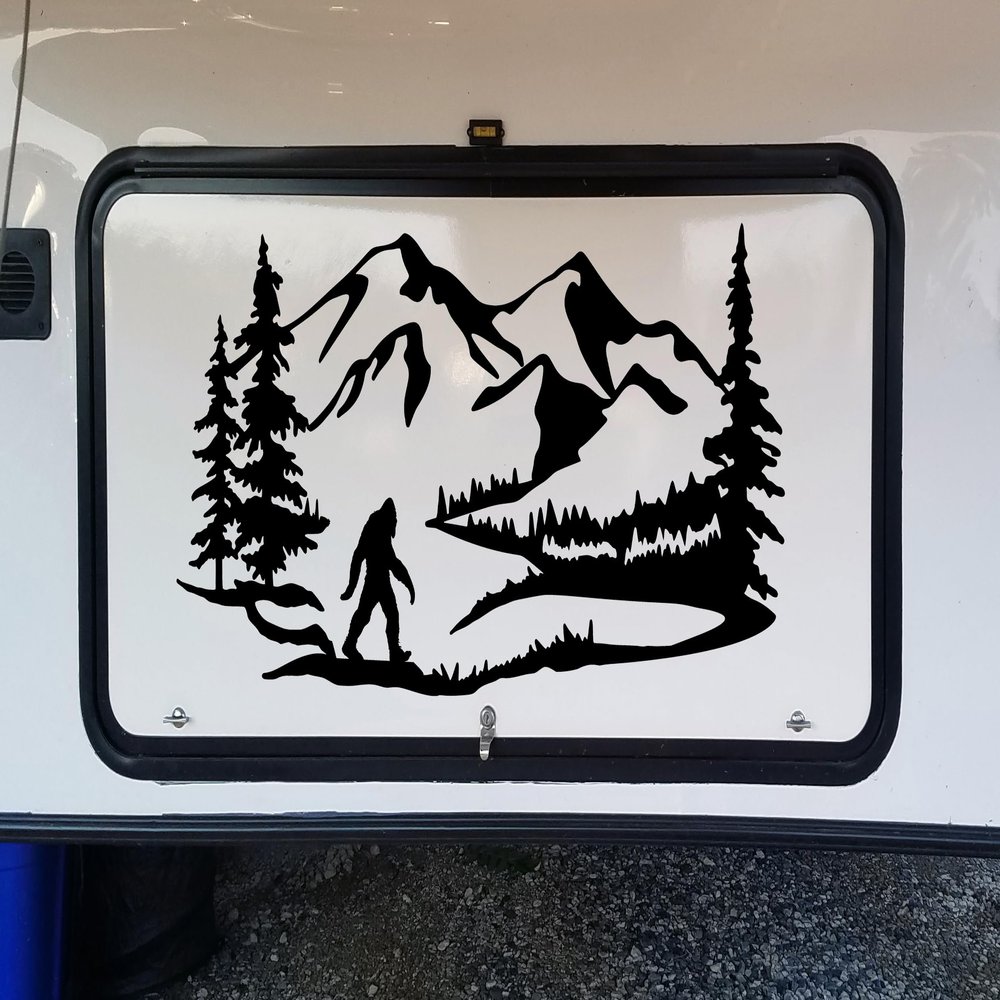 Minglewood Trading Turquoise | Bigfoot Mountain Trees Scene Vinyl Decal V5 | Camper RV Travel Trailer Graphics 4x4 | Die Cut Sticker | 15w x 7.5h inches