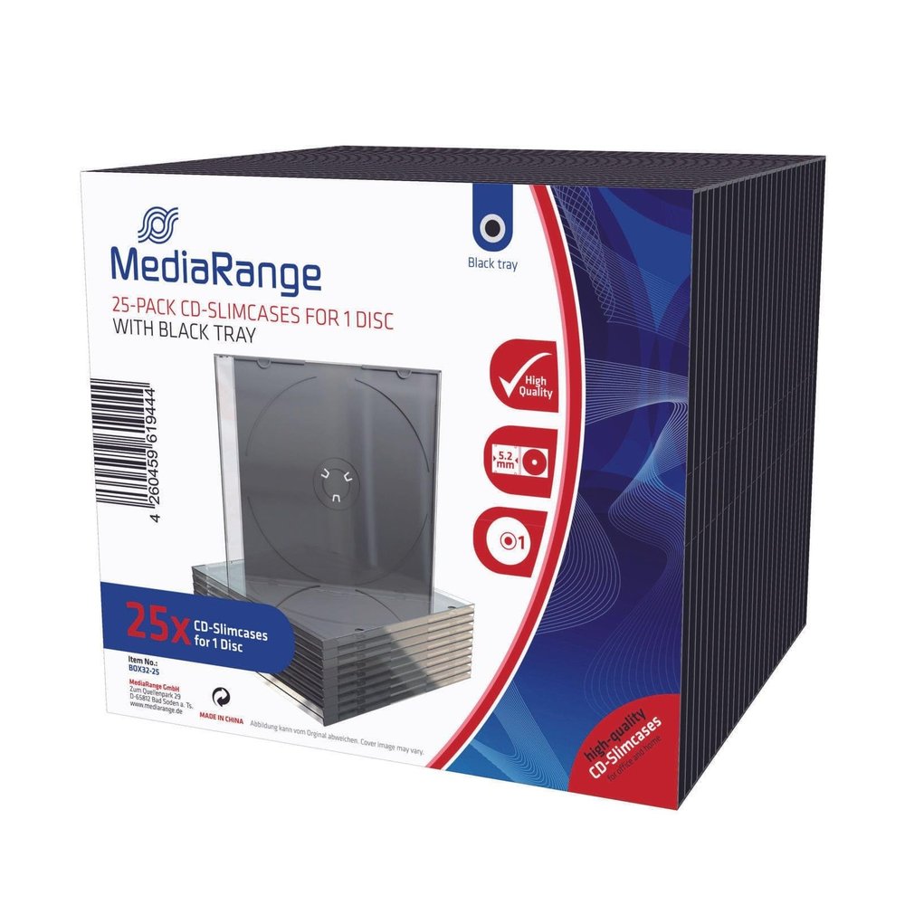 MediaRange Pack of 25 Slim CD Cases for 1 Disc with Black Tray