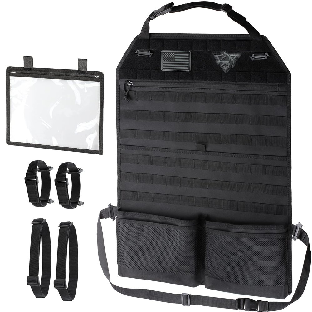 WYNEX Car Seat Organizer, Molle Backseat Cover Organizer Protector with Sling Rack, Visual Pocket and Patch, Universal Vehicle Fits for F150, Jeeps, Pickups & Trucks for Road Trips