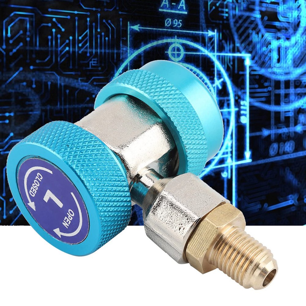 Quick Coupler R134A A/C Low Side Blue 90 Connector Air Conditioning Adapter with Extractor Valve Core, 1/4 Inch Male