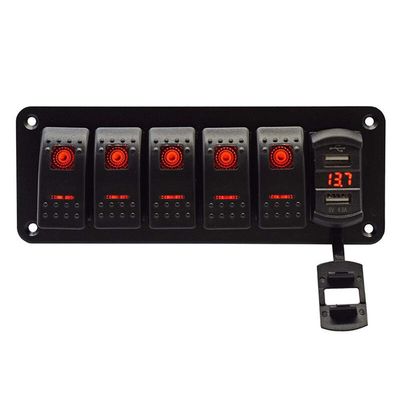 5 Gang Rocker Switch Aluminum Panel with 4.8 Amps Dual USB Rocker Style Fast Charger with Voltmeter Blue Backlit Led Pre-Wired for Marine Boat RV Truck (Red)