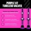 Muc-Off Tubeless Valves V2 44mm Purple | 4X 7075 Aircraft-Grade Aluminium Presta Valves with Core Removal Tool | 44mm / 60mm / 80mm - 10 Anodised Color Options | Fits MTB, Gravel & Road view 2