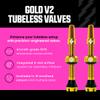 Muc-Off Tubeless Valves V2 44mm Gold | 4X 7075 Aircraft-Grade Aluminium Presta Valves with Core Removal Tool | 44mm / 60mm / 80mm - 10 Anodised Color Options | Fits MTB, Gravel & Road view 2
