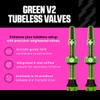 Muc-Off Tubeless Valves V2 44mm Green | 4X 7075 Aircraft-Grade Aluminium Presta Valves with Core Removal Tool | 44mm / 60mm / 80mm - 10 Anodised Color Options | Fits MTB, Gravel & Road view 2