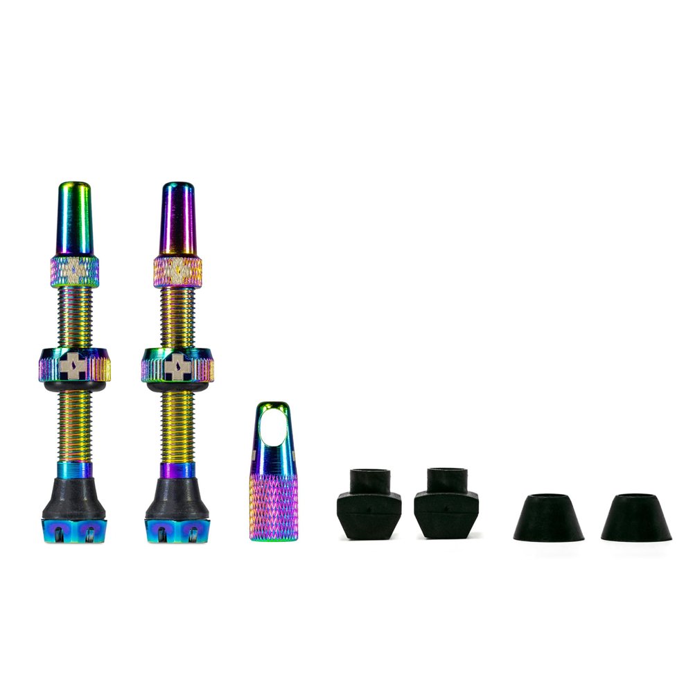 Muc-Off Tubeless Valves V2 44mm Iridescent | 4X 7075 Aircraft-Grade Aluminium Presta Valves with Core Removal Tool | 44mm / 60mm / 80mm - 10 Anodised Color Options | Fits MTB, Gravel & Road