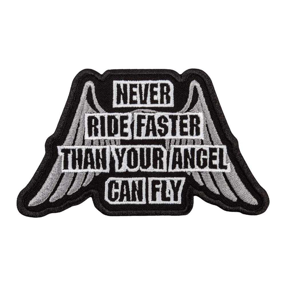 EMBROVERSE Embroidered Motorcycle Jacket Patch, Never Ride Faster Than Your Angel Can Fly, Sew or Iron On for Backpacks, Saddlebags, Hats, Pants, and Riding Gear, 4.4 x 2.6 inches