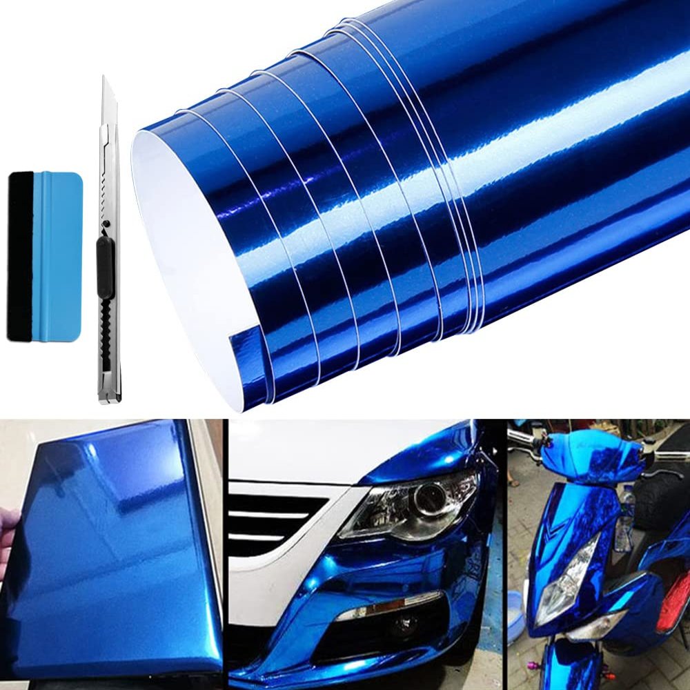LZLRUN Chrome Mirror Blue Car Vinyl Wrap Self Adhesive Film 1ft x 5ft
