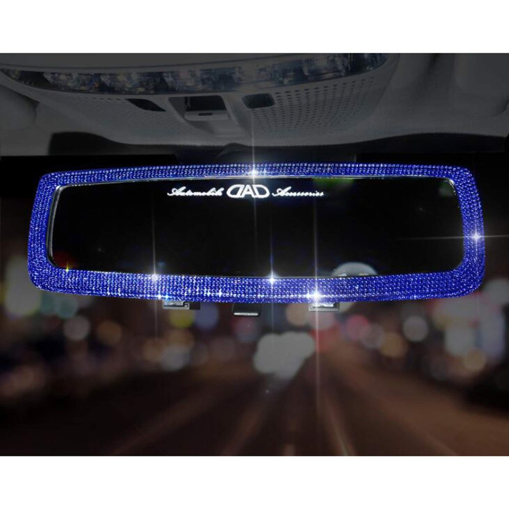 BlingSHD Bling Rhinestone Car Rear View Mirror with Crystal Diamonds Bling Car Accessories for Women-(Blue-1)
