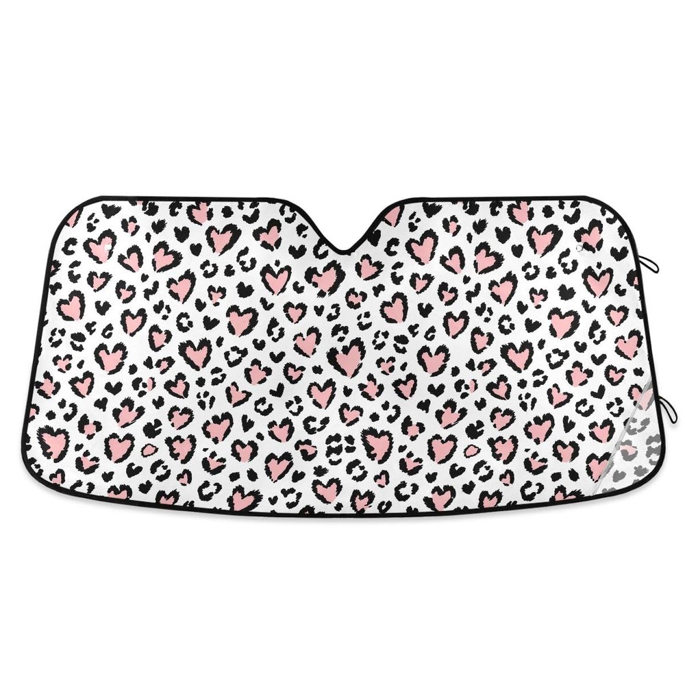 Leopard Print Cheetah Pink Heart Car Sun Visor - Accordion Folding Auto Sunshade for Truck SUV - 55 x 28 Inch