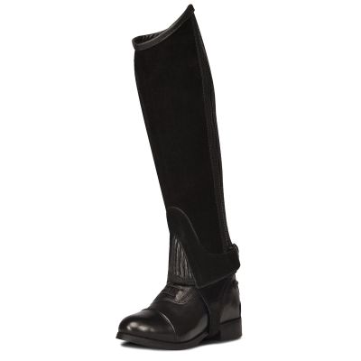 Ovation Kids' Pro Suede Ribbed Half Chaps - Youth Equestrian Horseback Riding Protective Gaiters with Ribbed Elastic Panels, Hidden Coil Zipper & Snap Closures, Black, 8-10 (A) Tall