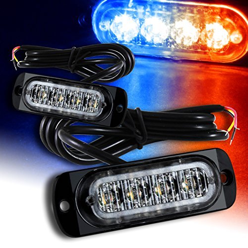 Q1-TECH, LED Emergency Strobe Lights, 2PCS Red Blue 4-LED Strobe Warning Emergency Flashing Light Caution Construction Hazard Light Bar For Car Truck Van Off Road Vehicle SUV Surface Mount