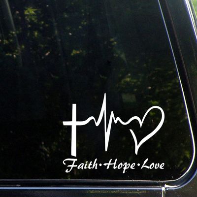 UUSticker 5"x8" Faith Hope Love Symbol Religious Christian Vinyl Decal Sticker Car Window Wall Bumper Heart Cross White