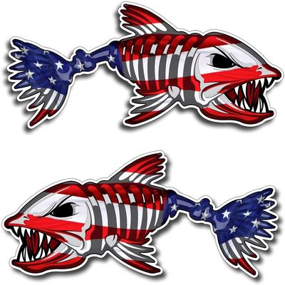 2 pcs US Flag Skeleton Fish Sticker by NTICKER - Waterproof Vinyl, Patriotic American Flag Fishbone Kayak, Fishing Boat Decal (6in, LR)