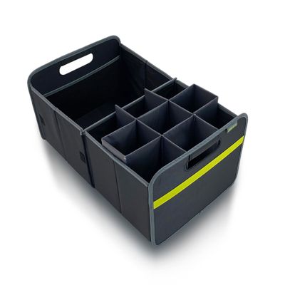 meori Collapsible Trunk Organizer for Car with Bottle Insert for Groceries Road Trips 2 Compartments Heavy Duty Mesh Pocket Ripstop
