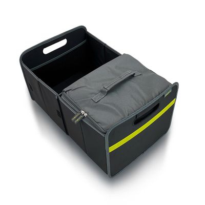 meori Collapsible Trunk Organizer for Car with Cooler for Groceries Road Trips 2 Compartments Heavy Duty Mesh Pocket Ripstop