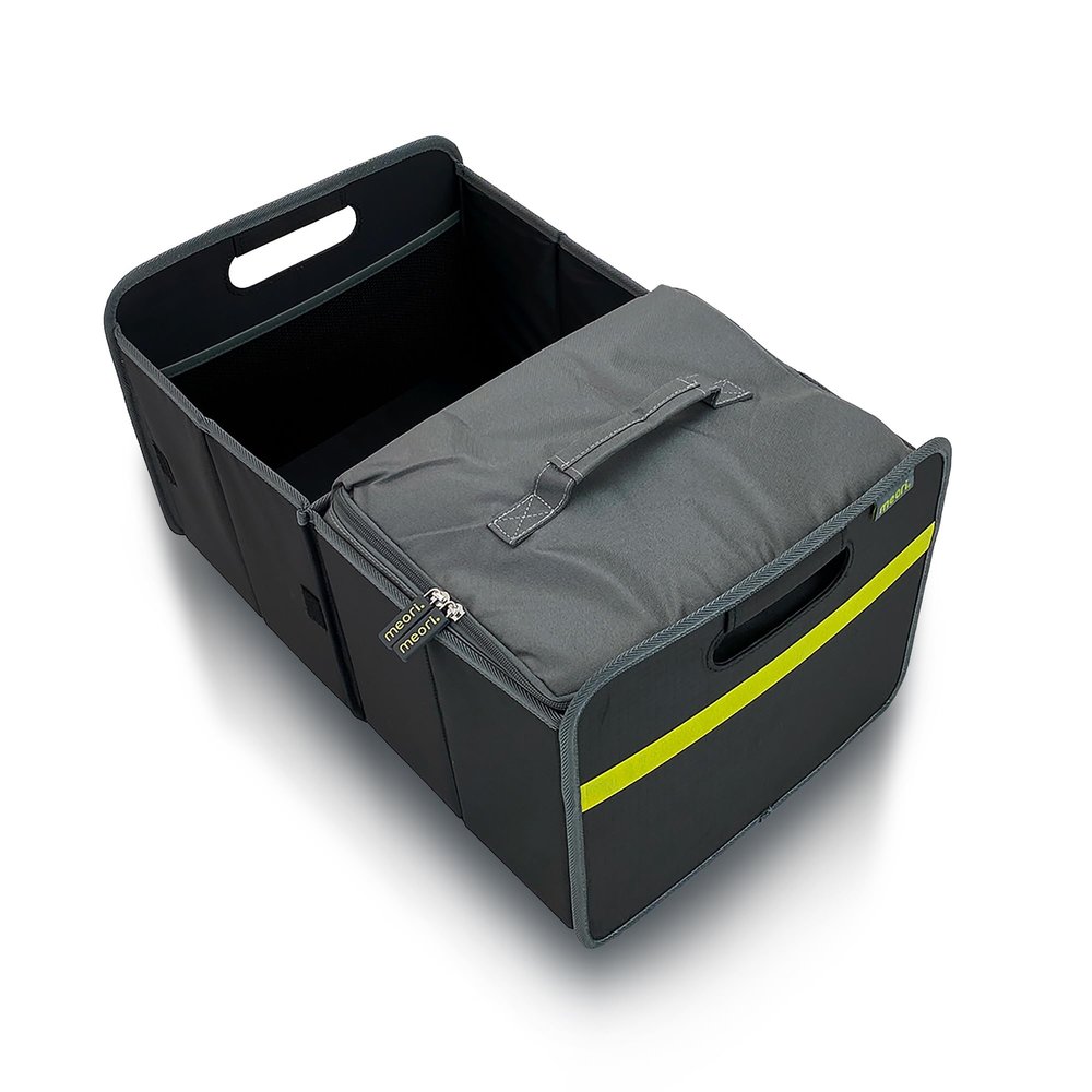 meori Collapsible Trunk Organizer for Car with Cooler for Groceries Road Trips 2 Compartments Heavy Duty Mesh Pocket Ripstop