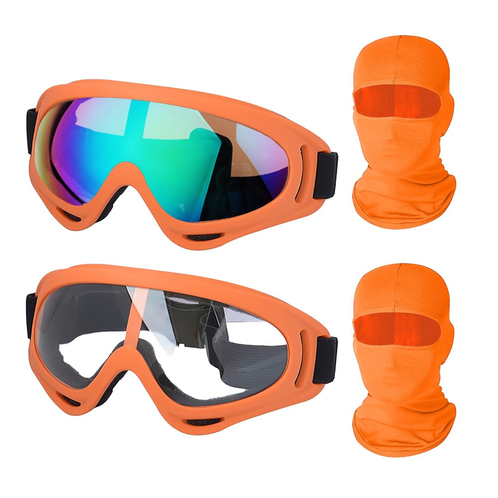 LJDJ Motorcycle Goggles,2 Pack Dirt Bike ATV Motocross Riding Hiking Protective with 2 Pack Neck Breathable Bandana Mask (Orange/Clear+Colorful Lenses)