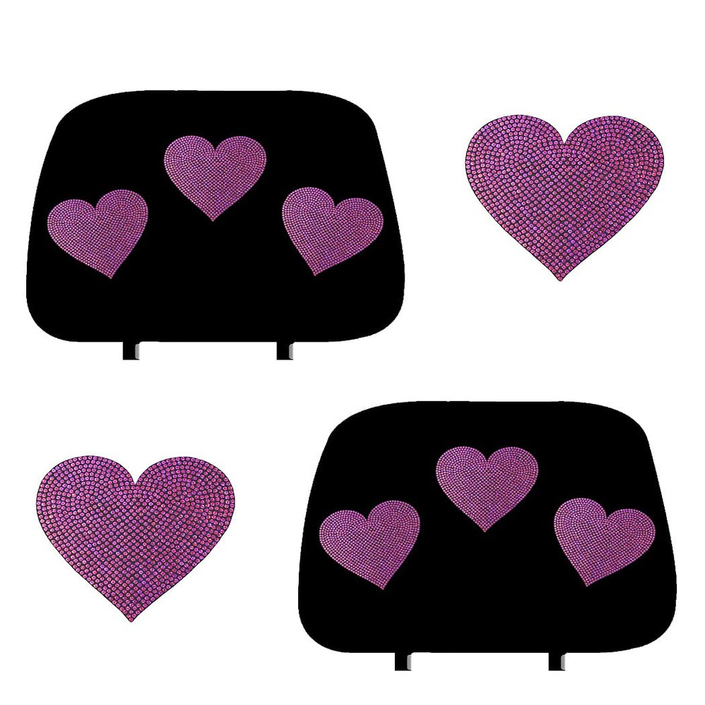 KAAA ALLBrand Universal Car Truck Crystal Bling Rhinestone Studded Seat Head Rest Covers - Pair (Pink HeartBlack)(KAH)