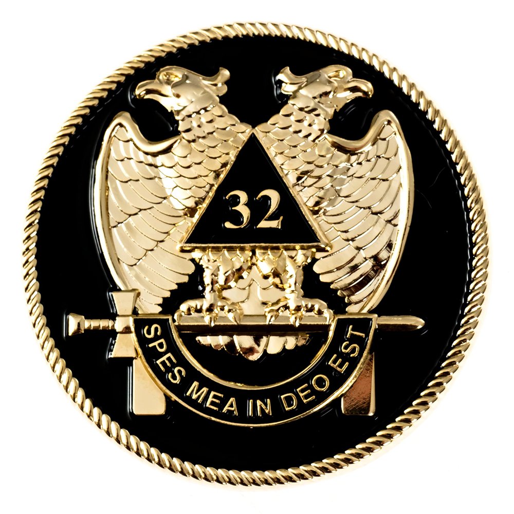 32nd Degree Scottish Rite Round Masonic Auto Emblem - [Black & Gold][2'' Diameter]